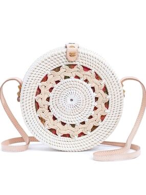 Woven Round Crossbody Bag in White and Tan